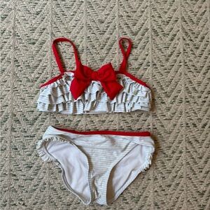 Janie and Jack blue and white striped swimsuit with red bow Girls size 6